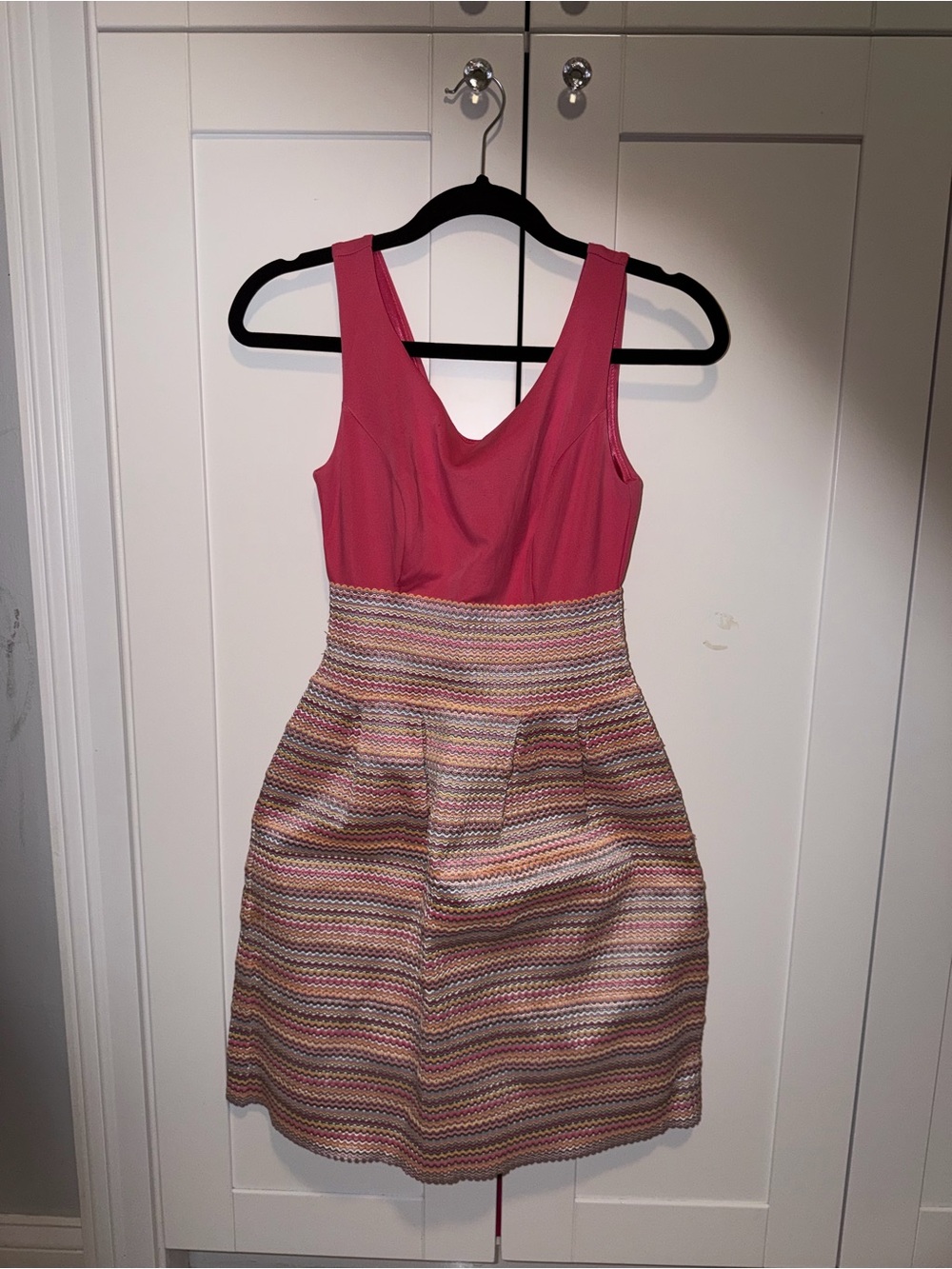 New York & Company Fuchsia Sleeveless Dress with Multicolor Striped Skirt